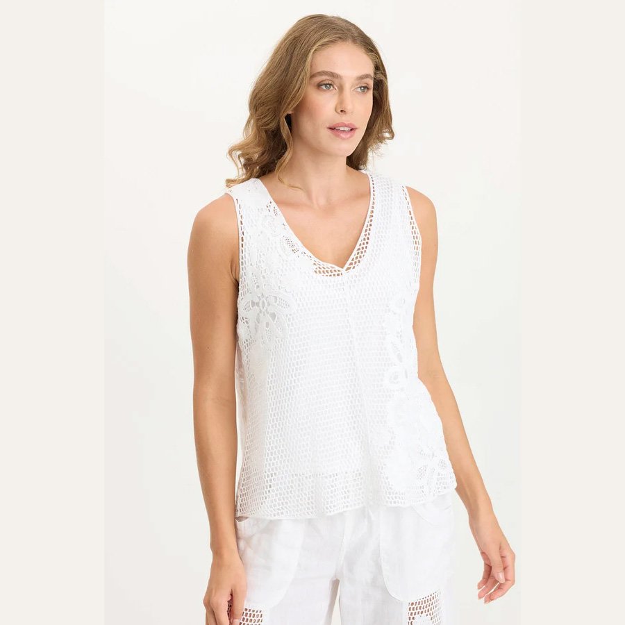 A white v-neck crocheted tank top by XCVI clothing, the chariss v-neck tank top in white, front view