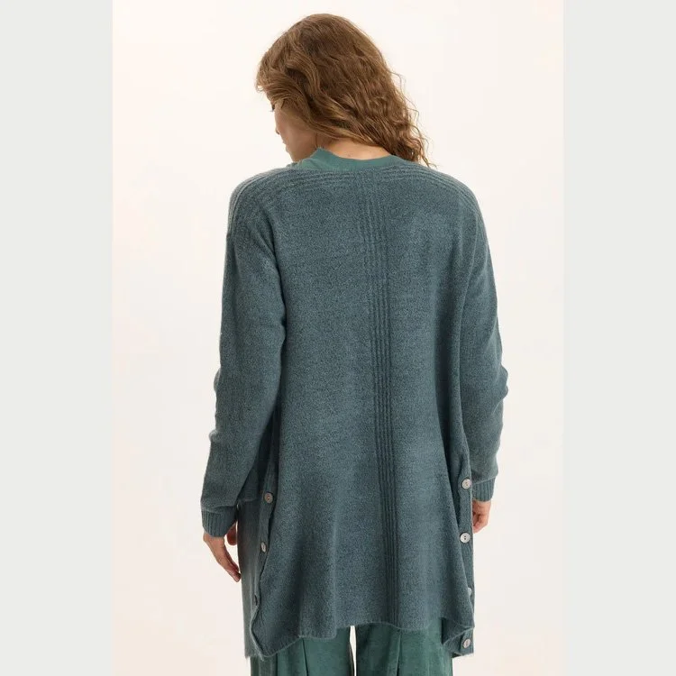 The bayek longline open-front knit cardigan by XCVI in blue oasis color