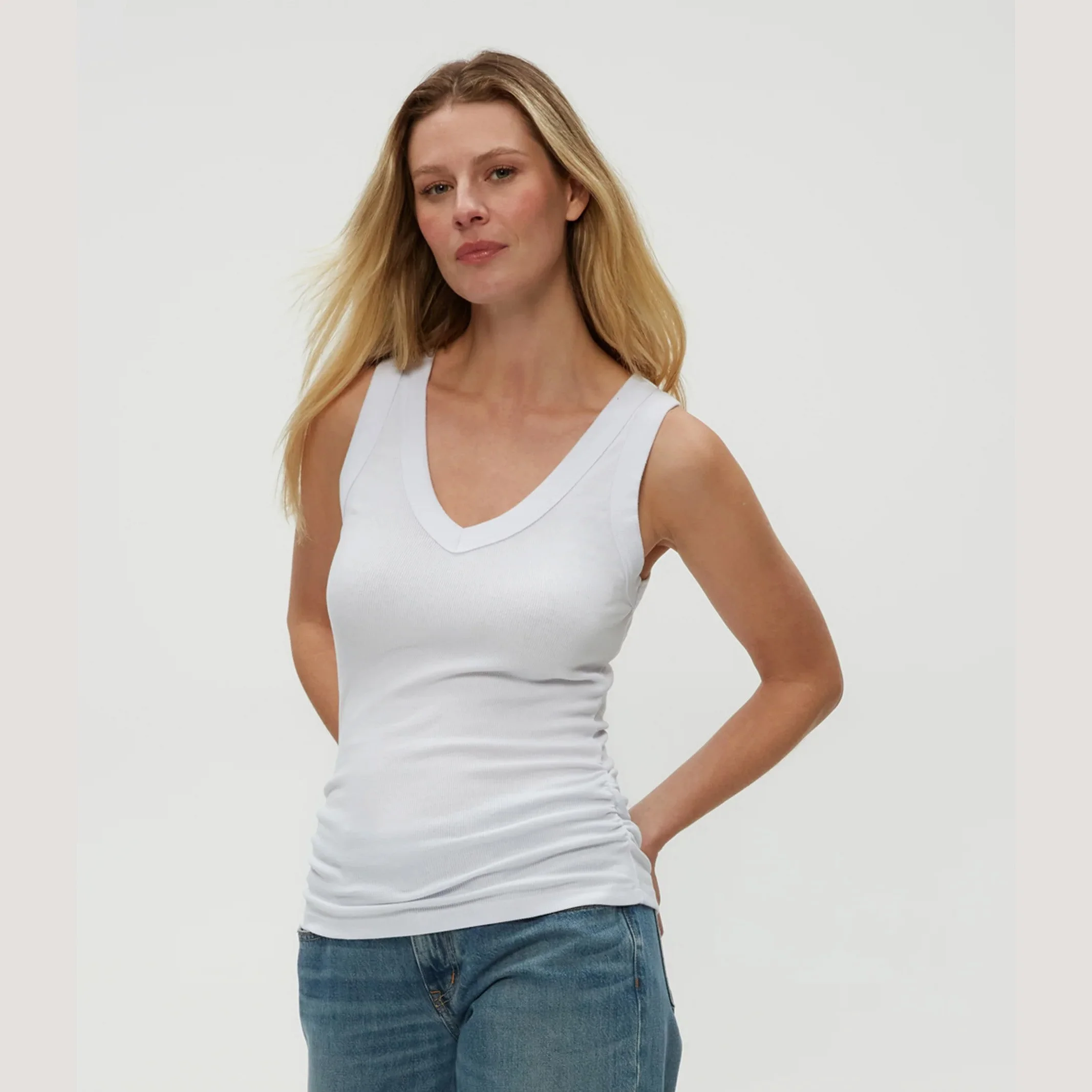 The blanche ribbed ruched side tank top by Michael Stars in white