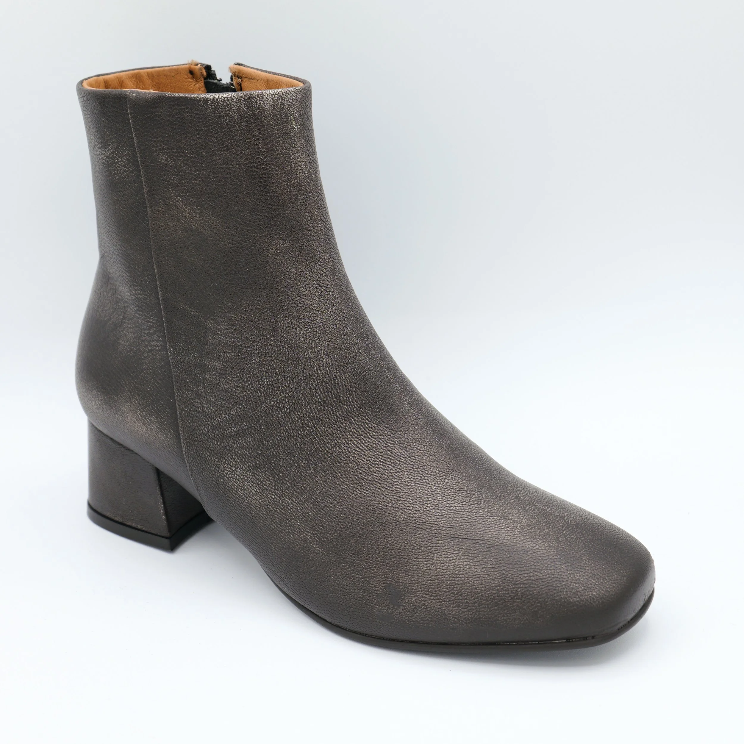 The garin heeled bootie by Miz Mooz in gunmetal leather