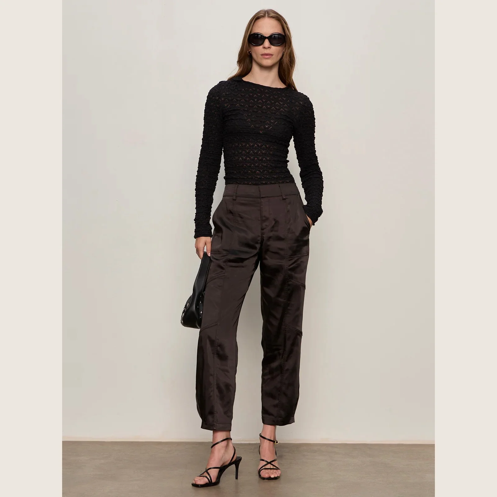 The sahara satin tapered pant by Sanctuary Clothing in black