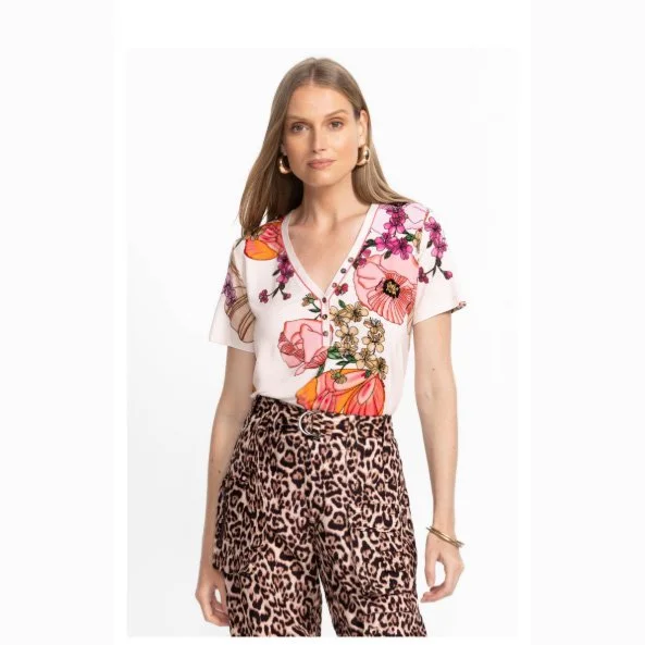 Johnny Was the janie favorite short sleeve henley tee in rosabelia print/color combination
