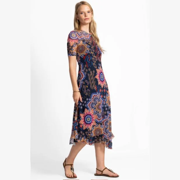 The mesh elbow sleeve asymmetric hem dress in padme print/color combination by Johnny Was