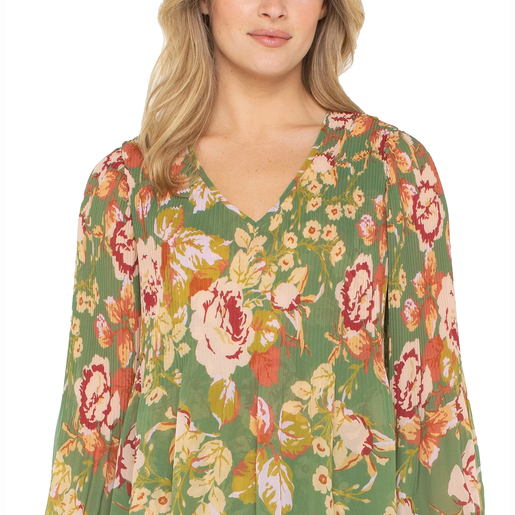 The long sleeve v-neck pleated top in green multi floral print by Liverpool LA