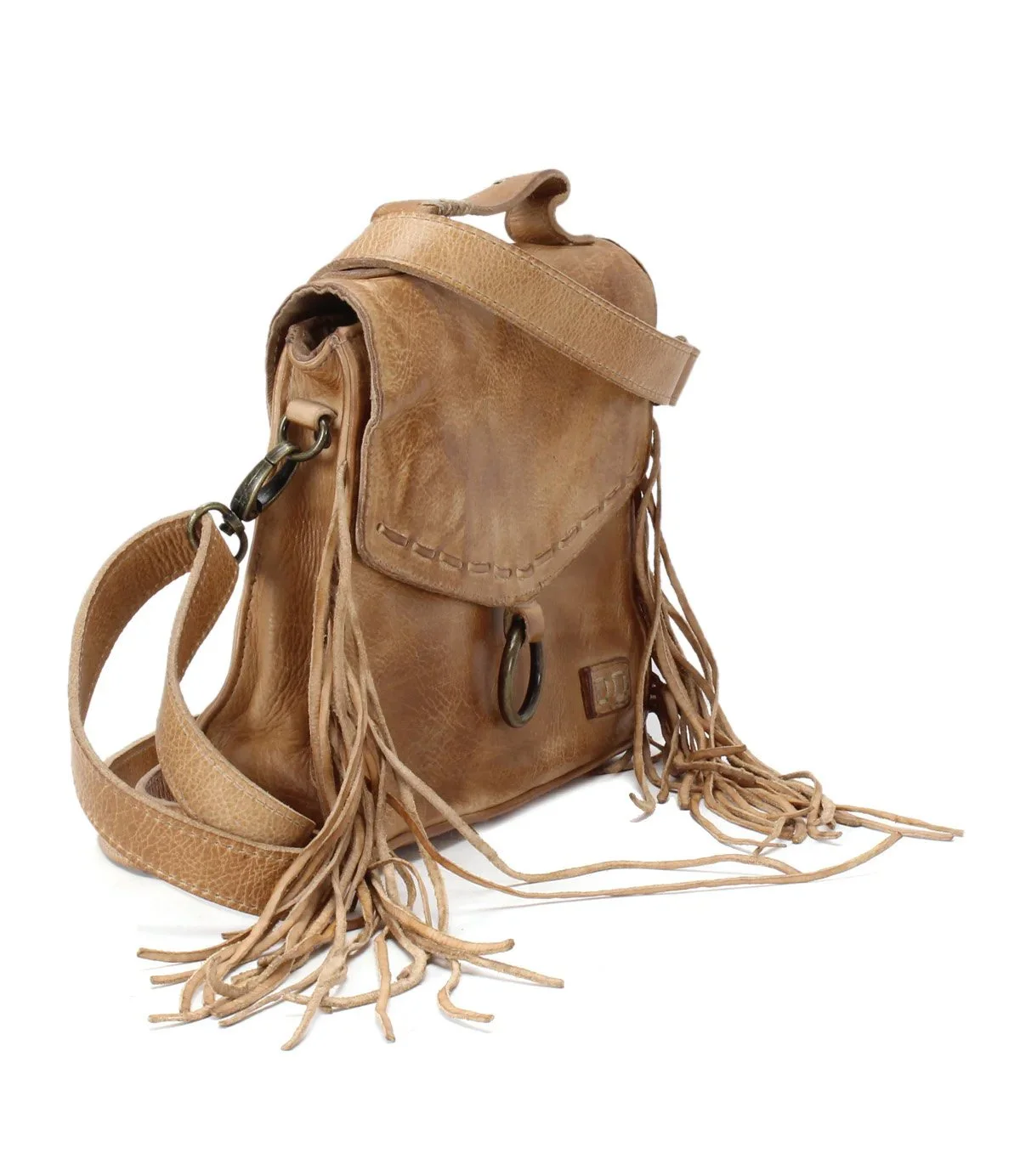 The hidden fringe crossbody handbag in tan rustic leather by Bed Stu