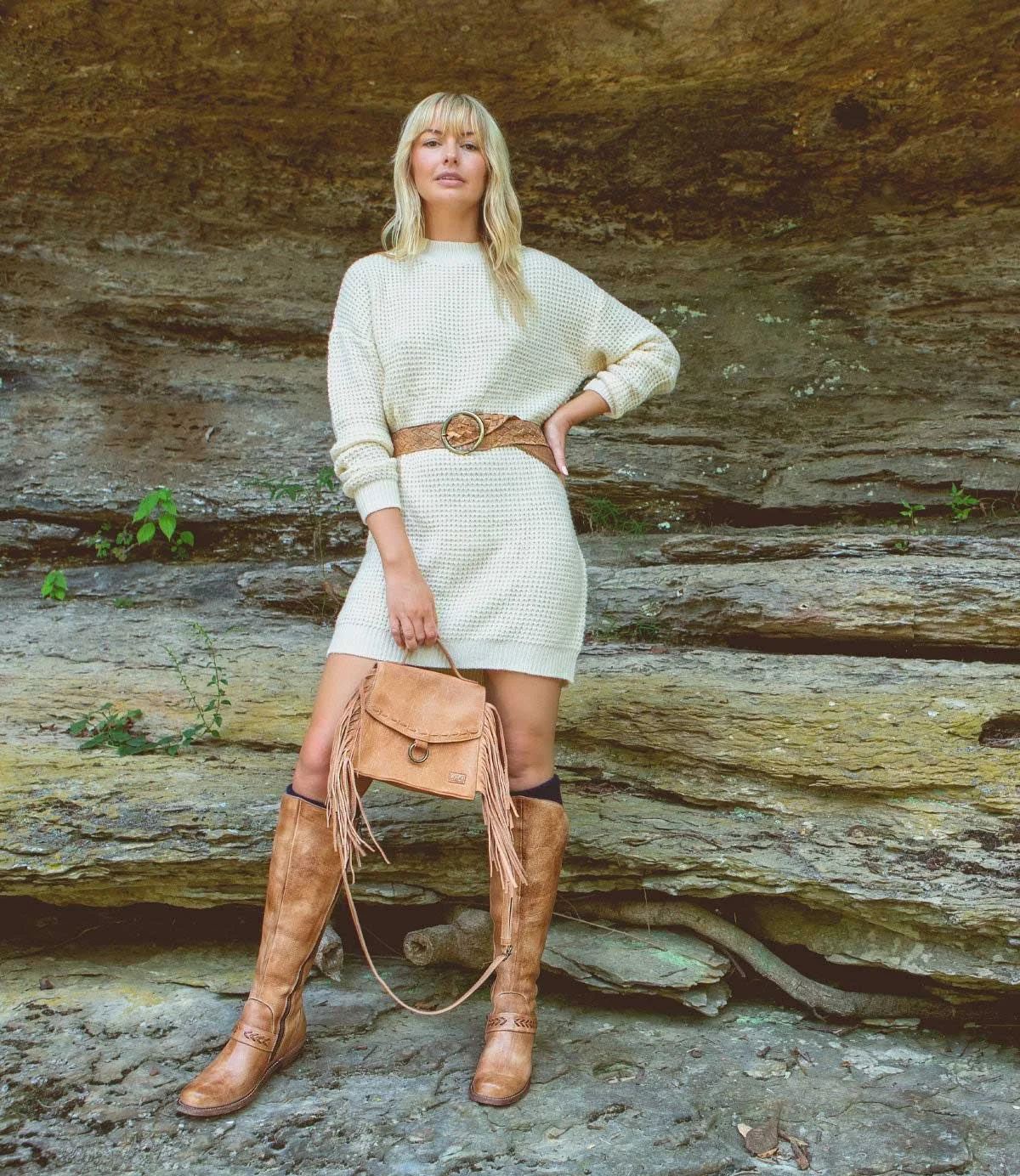 The hidden fringe crossbody handbag in tan rustic leather by Bed Stu