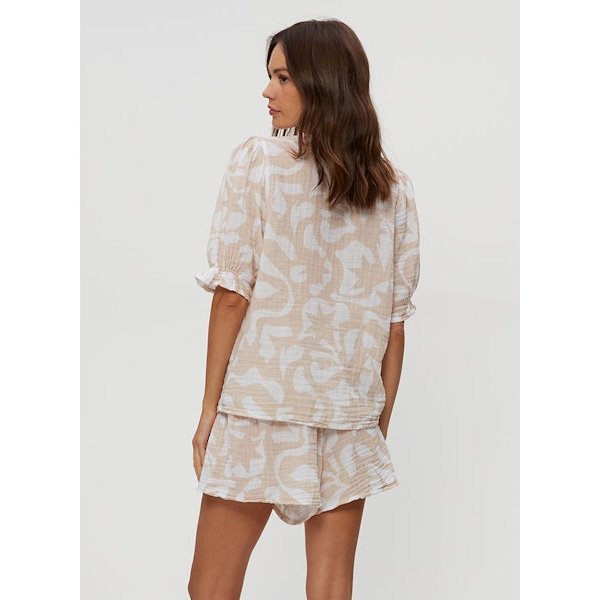 The genevieve printed puff sleeve double gauze top by Michael Stars in cement color