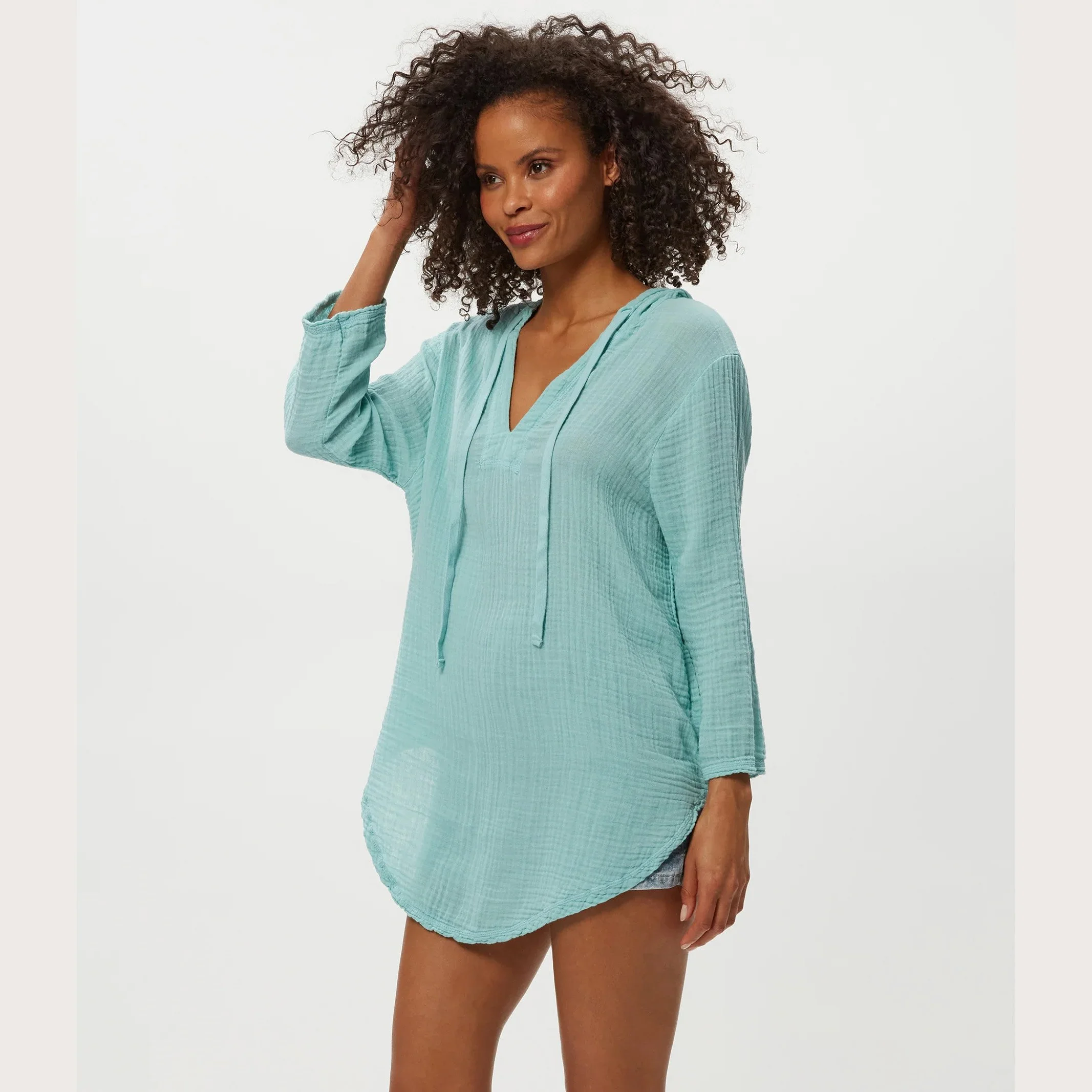 The emi hoodie in lightweight gauze by Michael Stars clothing, in serene color, side view