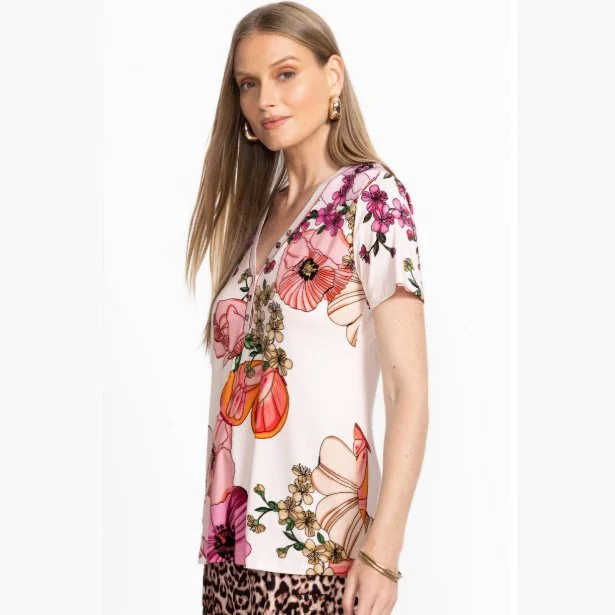 Johnny Was the janie favorite short sleeve henley tee in rosabelia print/color combination