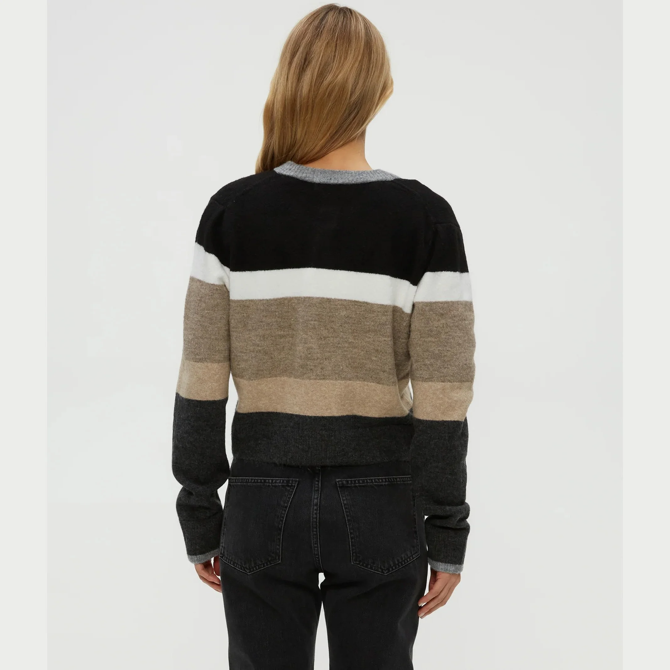 The fiona stripe crew neck cardigan by Michael Stars in neutral stripe color combination