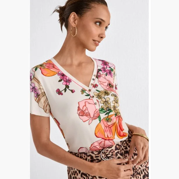 Johnny Was the janie favorite short sleeve henley tee in rosabelia print/color combination