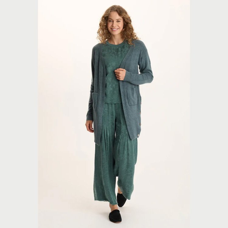 The bayek longline open-front knit cardigan by XCVI in blue oasis color