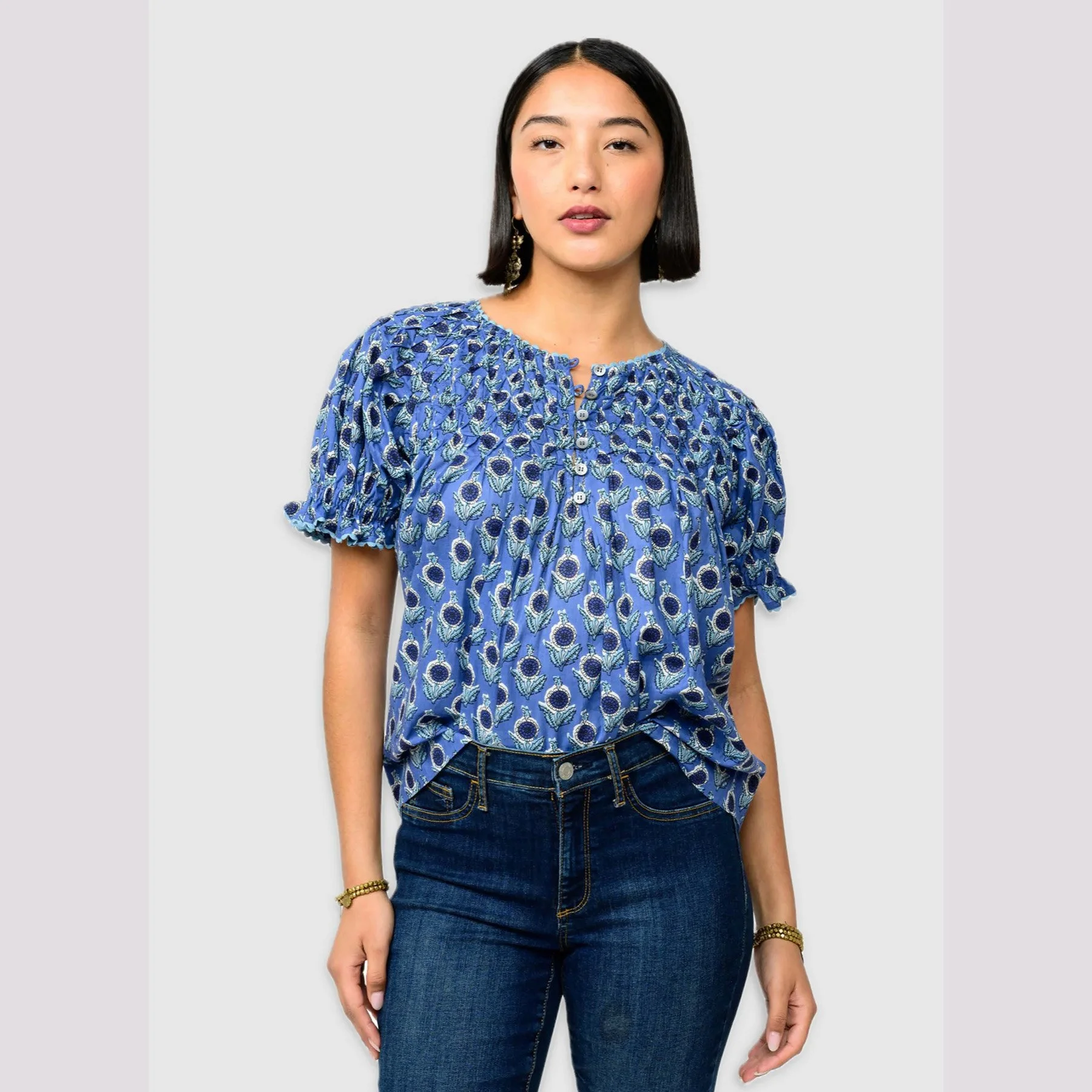 Ivy Jane - smocked neck top - blue
