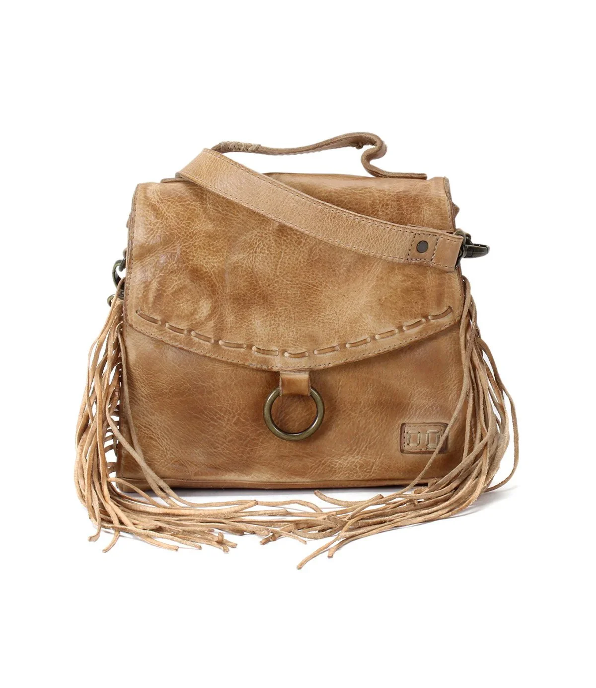 The hidden fringe crossbody handbag in tan rustic leather by Bed Stu
