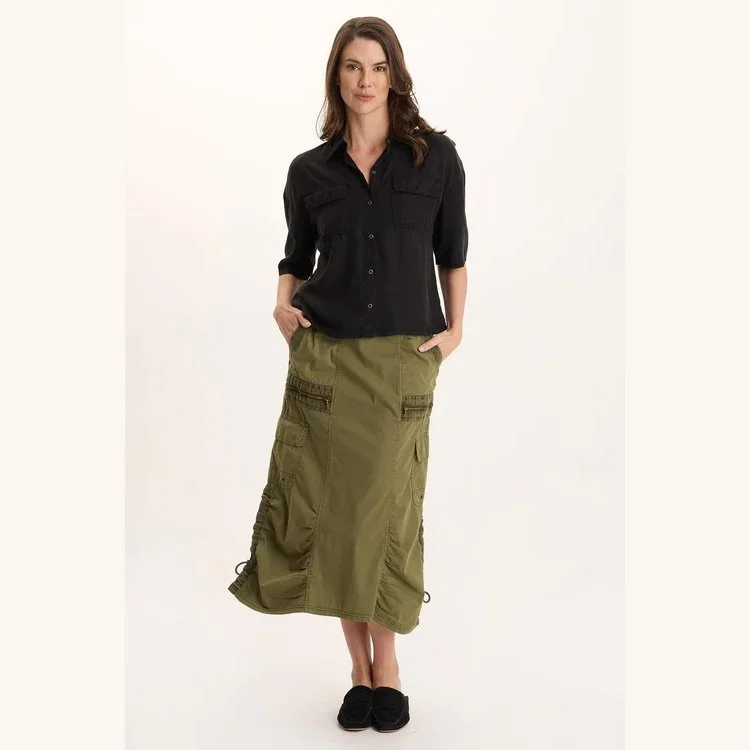 The tage soft twill snap-up top in black by XCVI