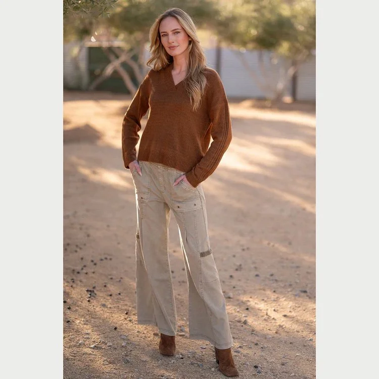 The ambrose relaxed vneck sweater by Wearables in tawny copper color
