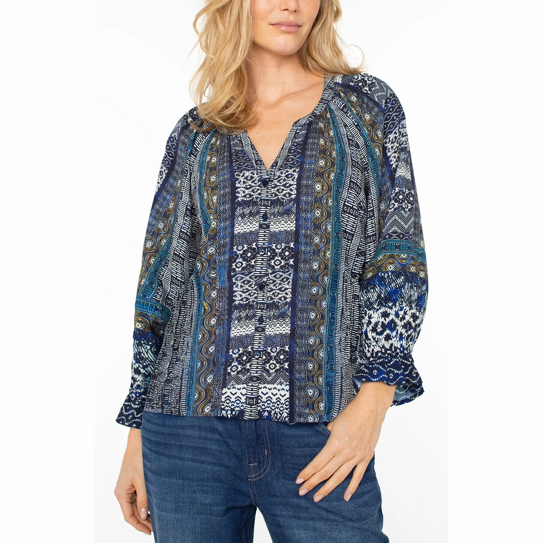 The 3/4 sleeve button front woven blouse by Liverpool in blue shibori multi print