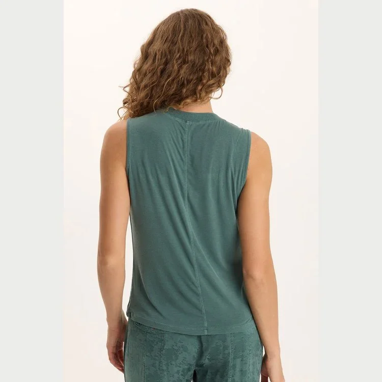 The mahala textured satin embossed crew neck tank by XCVI in ocean storm pigment color