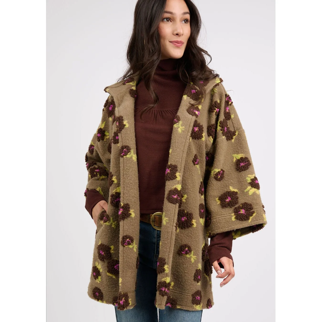 Ivy Jane puff floral sherpa jacket mocha — Centro Shoes, Inc.