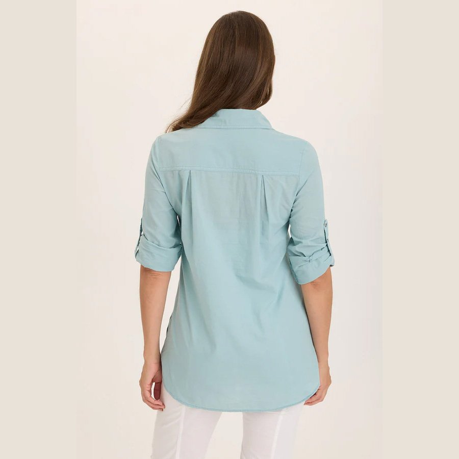 The reporter soft voile button down blouse by Wearables in ocean front color, rear view
