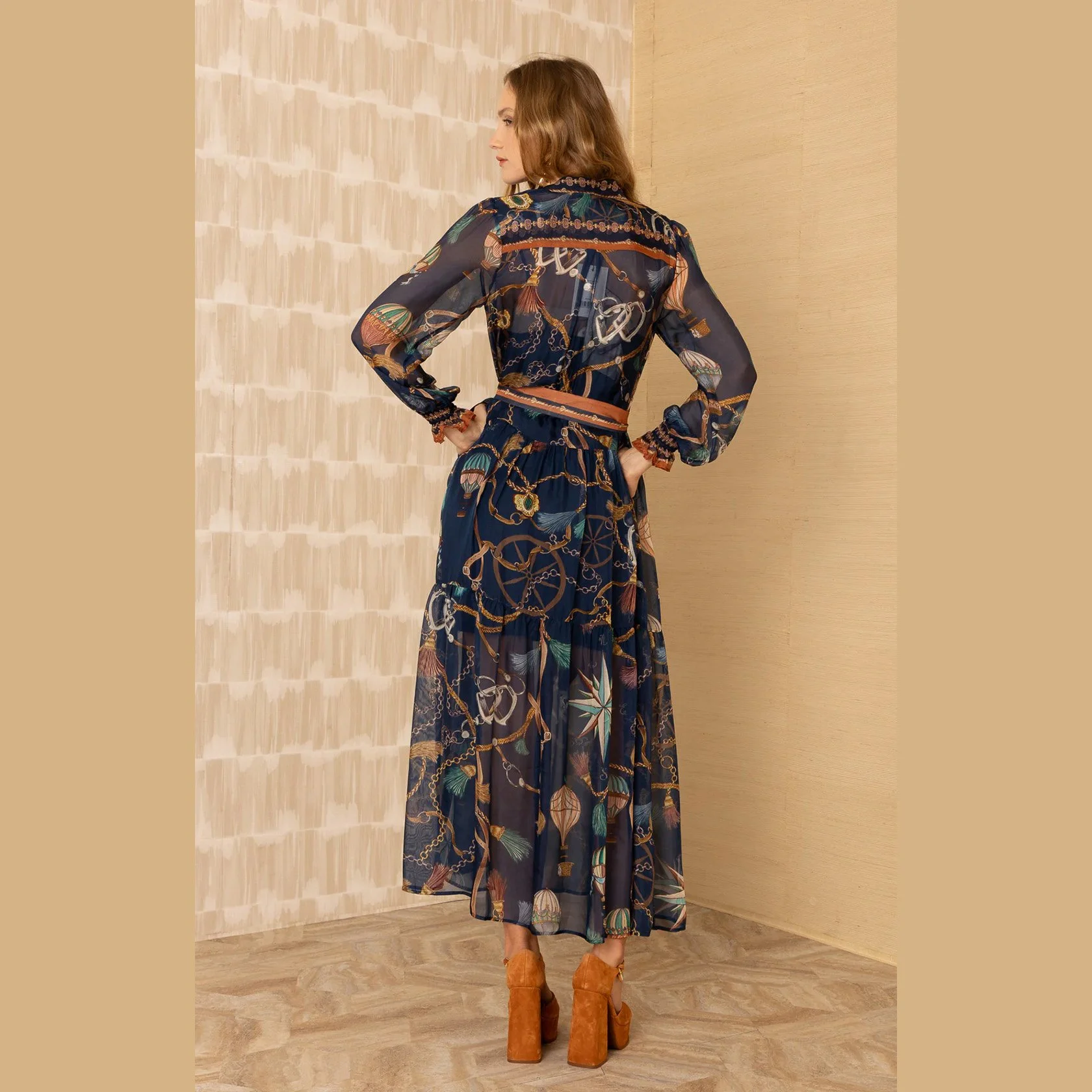 Hale Bob andi long sleeve chiffon maxi dress in navy