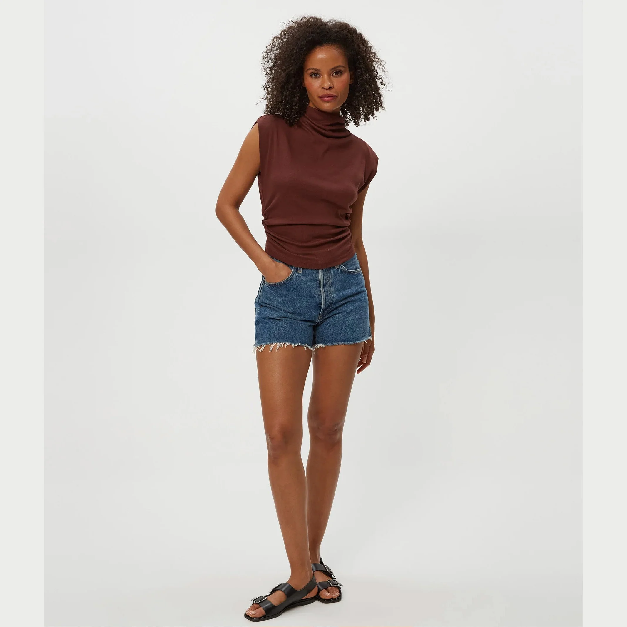 The amara mock neck power shoulder top by Michael Stars in espresso (brown) color