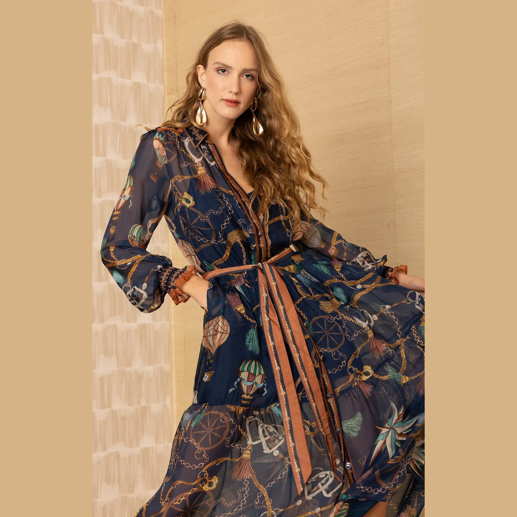 Hale Bob andi long sleeve chiffon maxi dress in navy