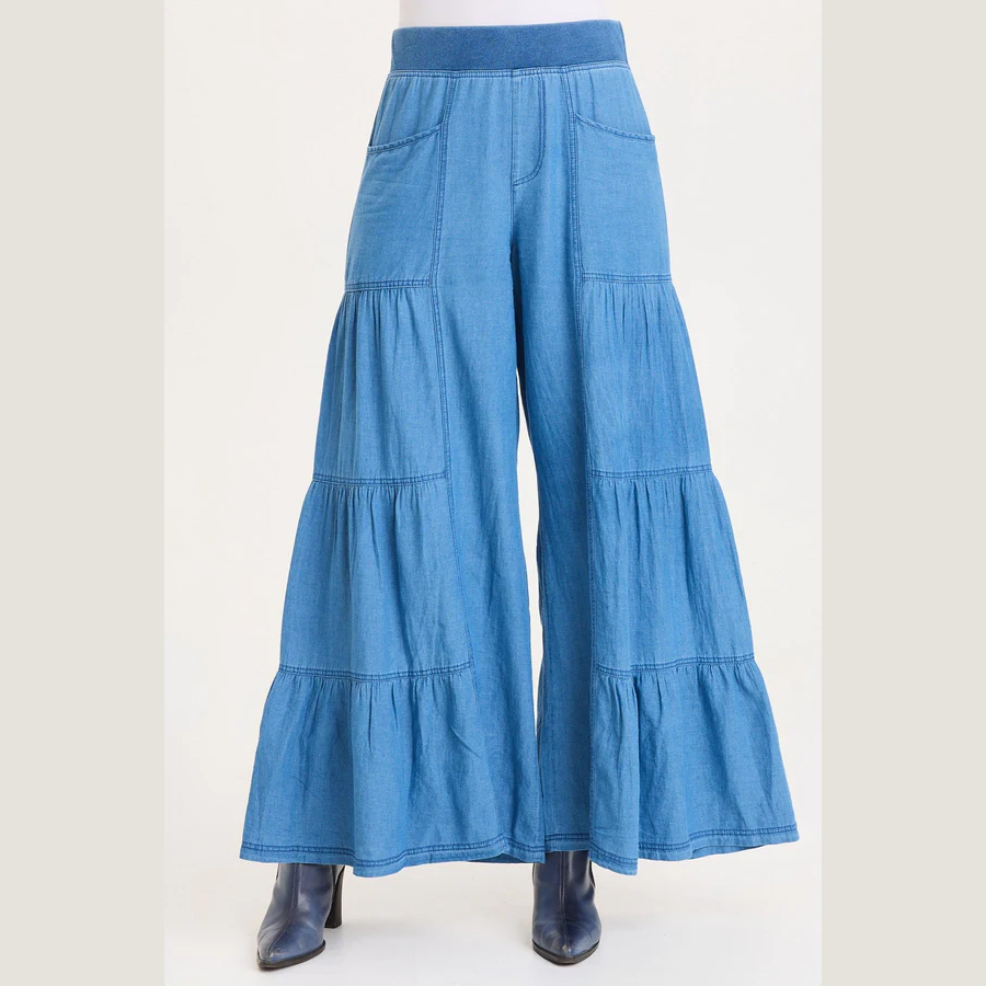 XCVI - dugan mock-denim side tiered wide leg pant - etoilate wash