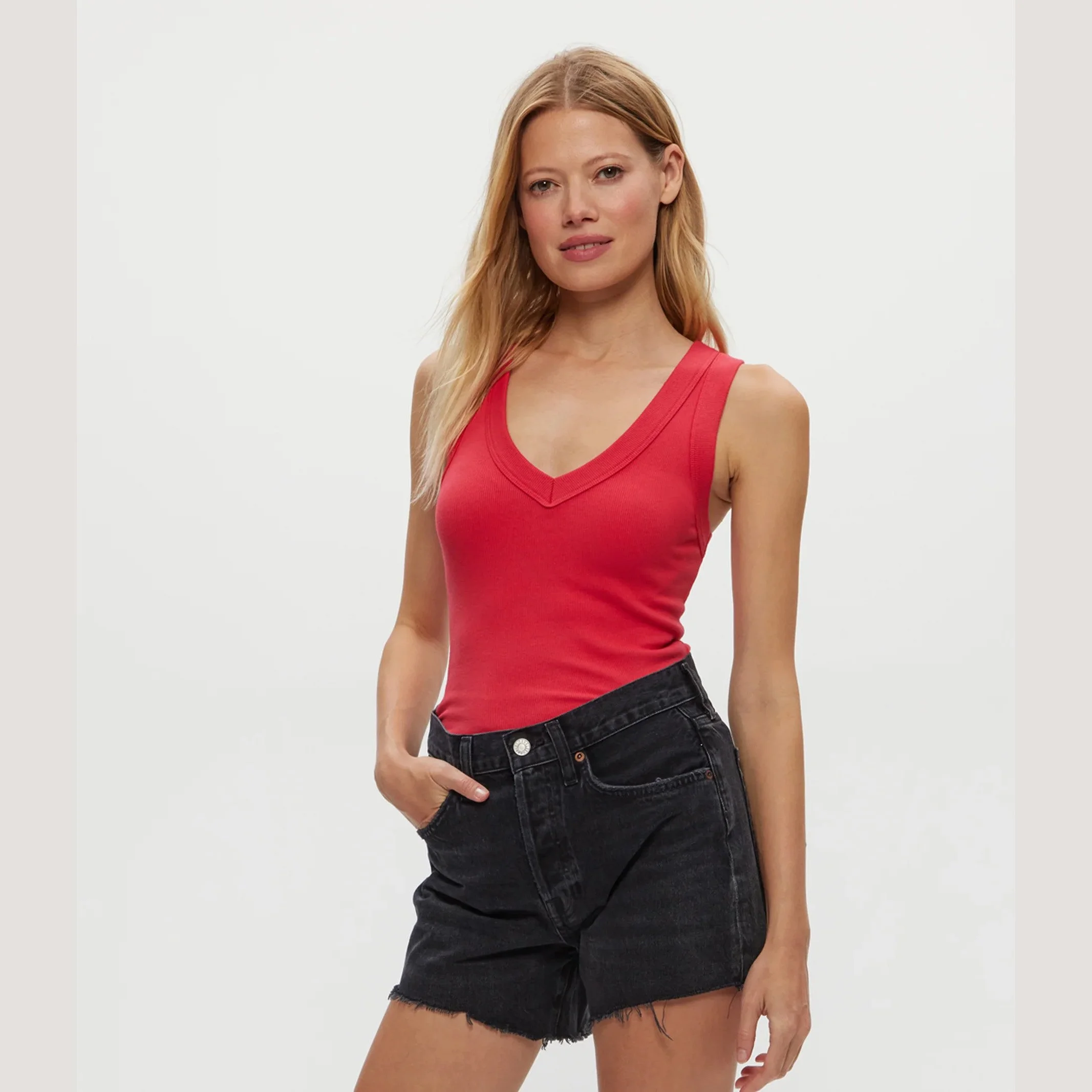 The blanche ribbed ruched side tank top by Michael Stars in rumba red