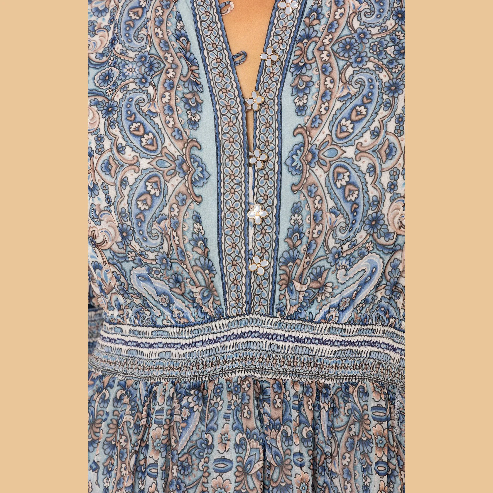 The ellison 3/4 sleeve chiffon maxi dress by Hale Bob in blue print