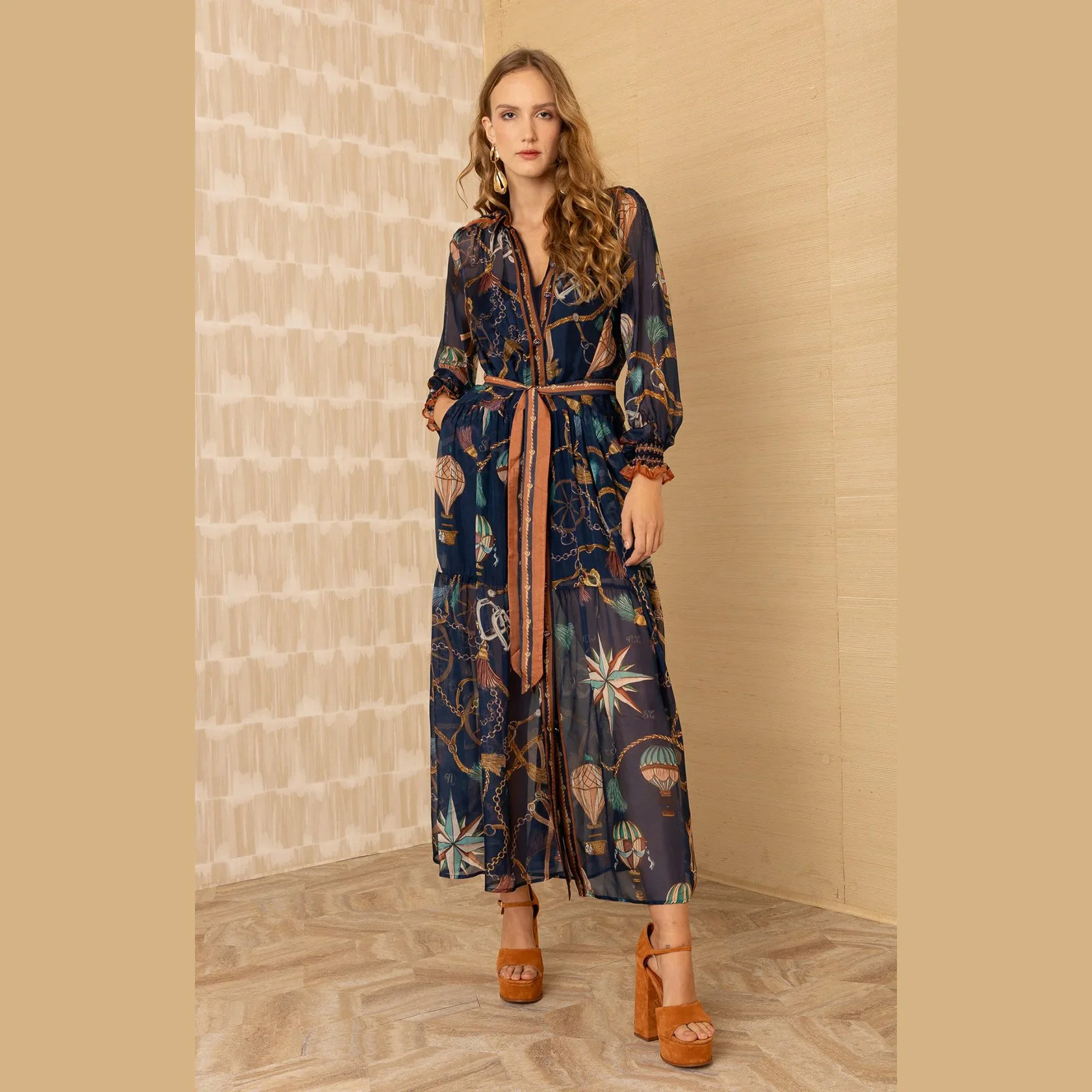 Hale Bob andi long sleeve chiffon maxi dress in navy
