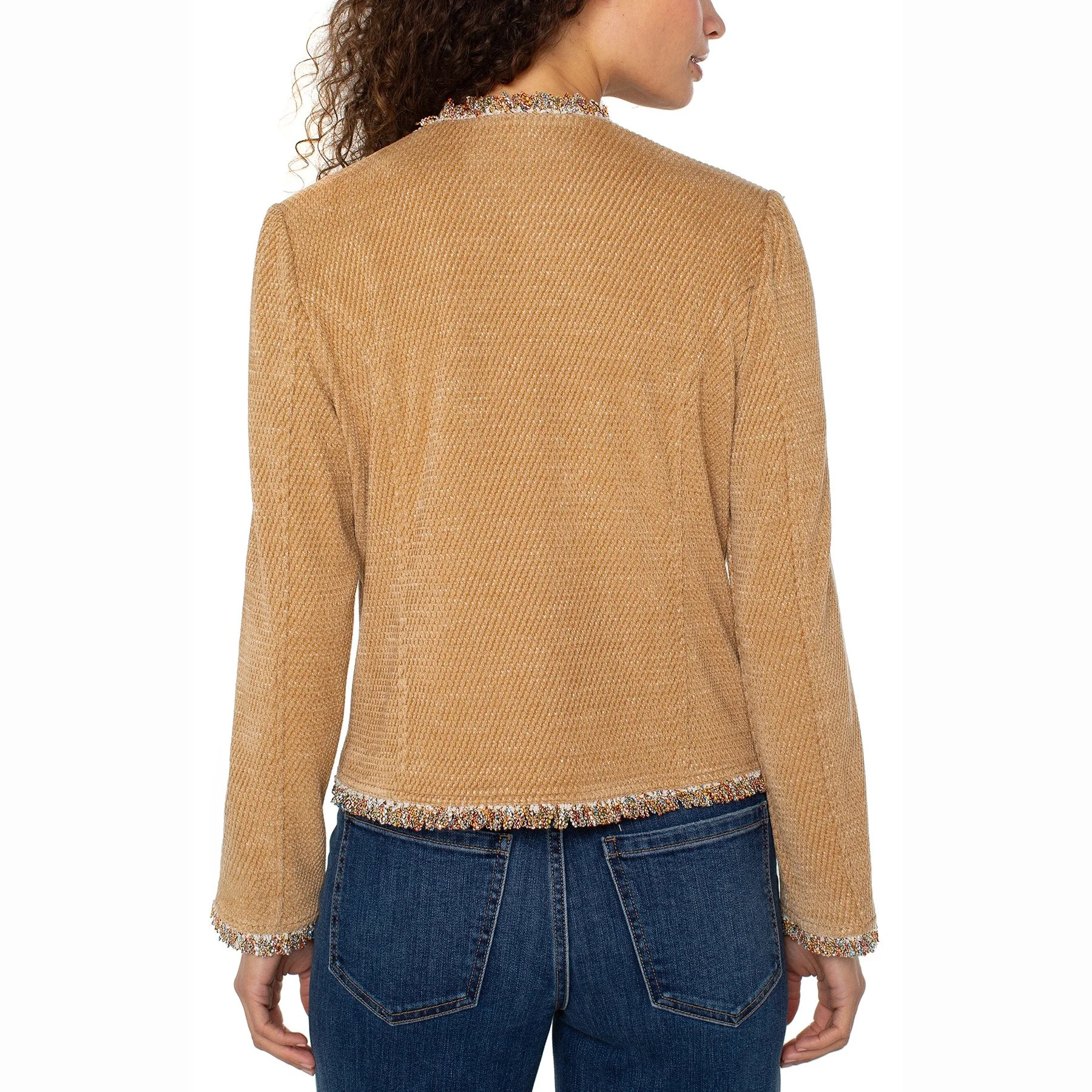The collarless jacket with frayed edges by Liverpool LA in honey color