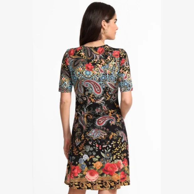 The janie favorite elbow sleeve mock neck dress in leto print by Johnny Was
