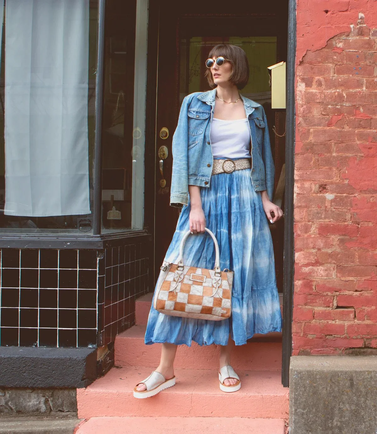 The rockababy sl handbag in nectar lux/tan rustic leather combination by Bed Stu