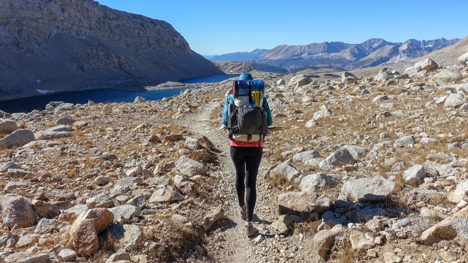 Annie hiking the JOhn Muir Trail with the  Hyperlite Mountain Gear SOuthwest 2400 backpack .