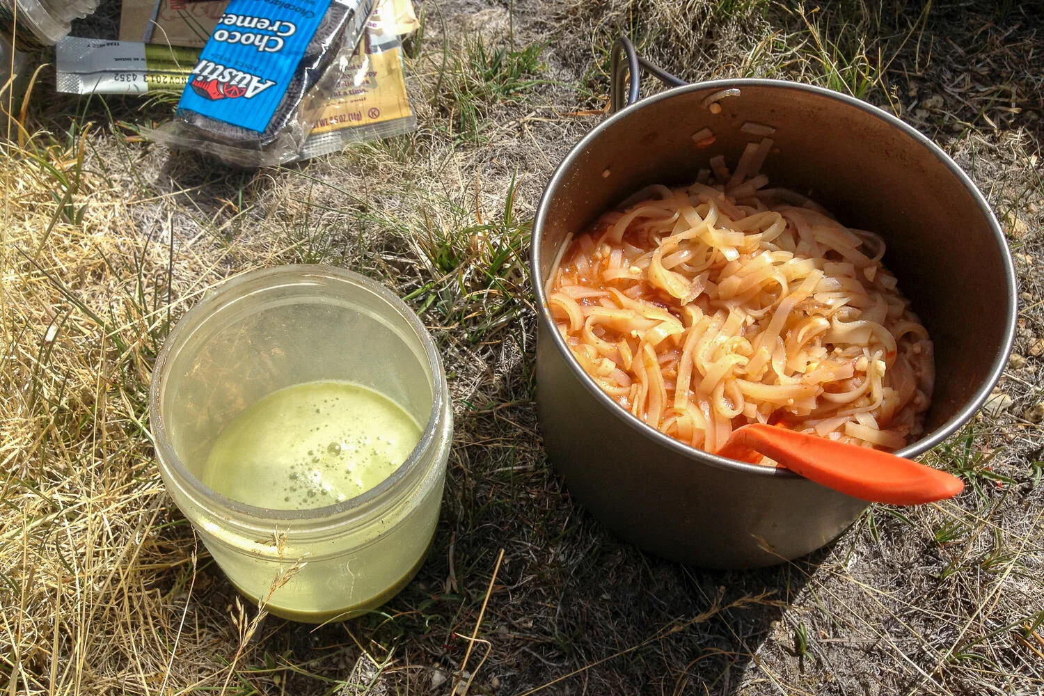 Backpacker Pad Thai  and  matcha  (an empty peanut butter jar with a lid makes an excellent shaker for drink mixes)