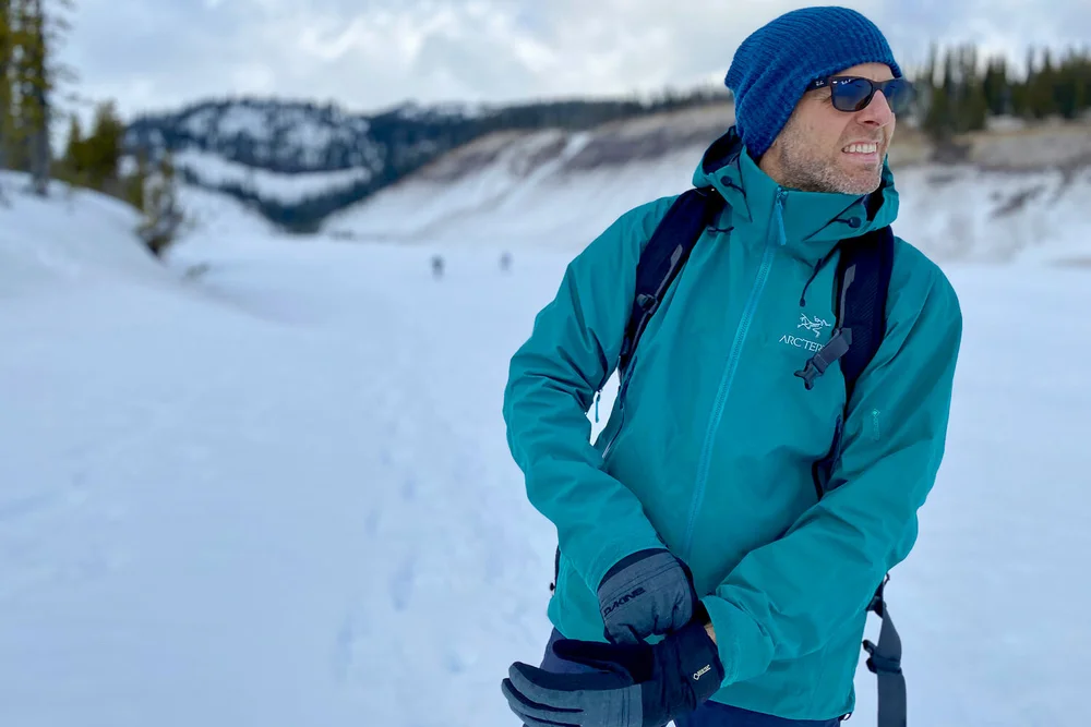 Enjoying a powder day in the Arc’teryx Beta AR Rain jacket .