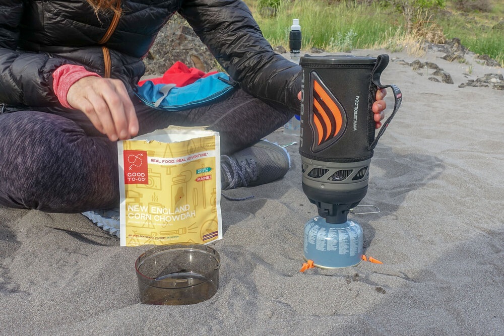 Boiling water in the Jetboil Flash for a well-deserved meal after a long day on the trail.