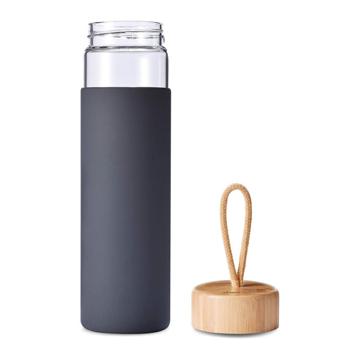 1 Litre Motivational Reusable Water bottles Frosted Glass with Bamboo Lid and Neoprene Sleeve Bpa Free Gray 32 oz Glass Water Bottle Wide Mouth with Time Marker 