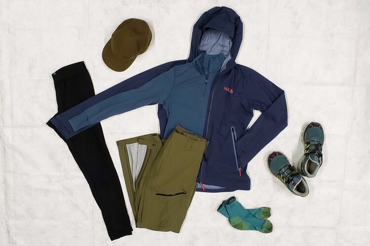 Typical clothing for a wet fall hike.