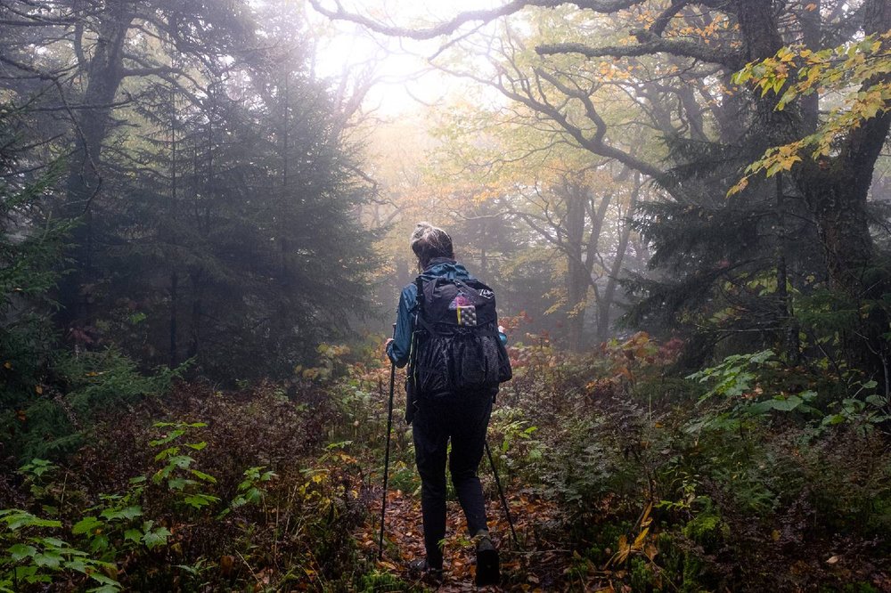 A Long Trail hiker hiking through a forest