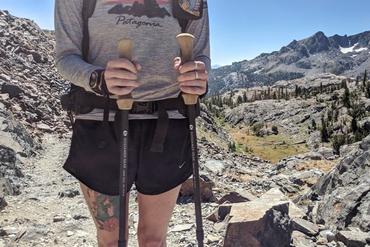 Un primer plano de un excursionista sosteniendo bastones de trekking frente a una vista de la montaña