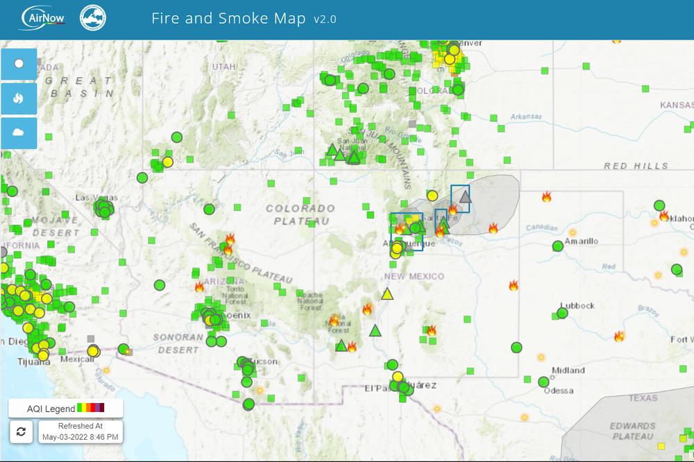 A screenshot of a fire and smoke map