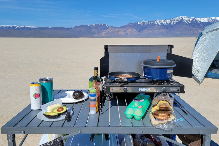 The GSI Outdoors Bugaboo Base Camper cookset being used in the Alvord Desert