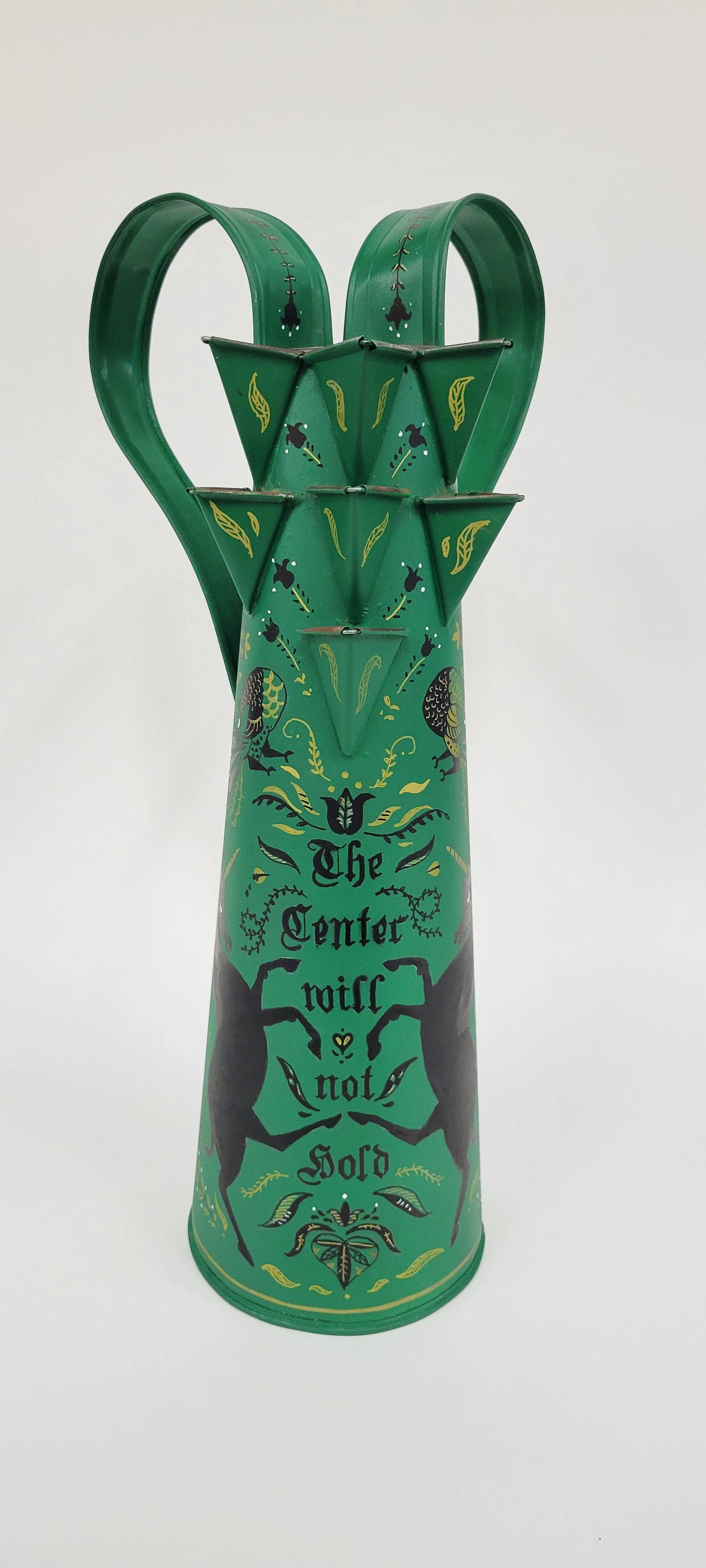 "The Center will not Hold" vessel, fabricated tin, paint, 20" x 9" x6", 2025