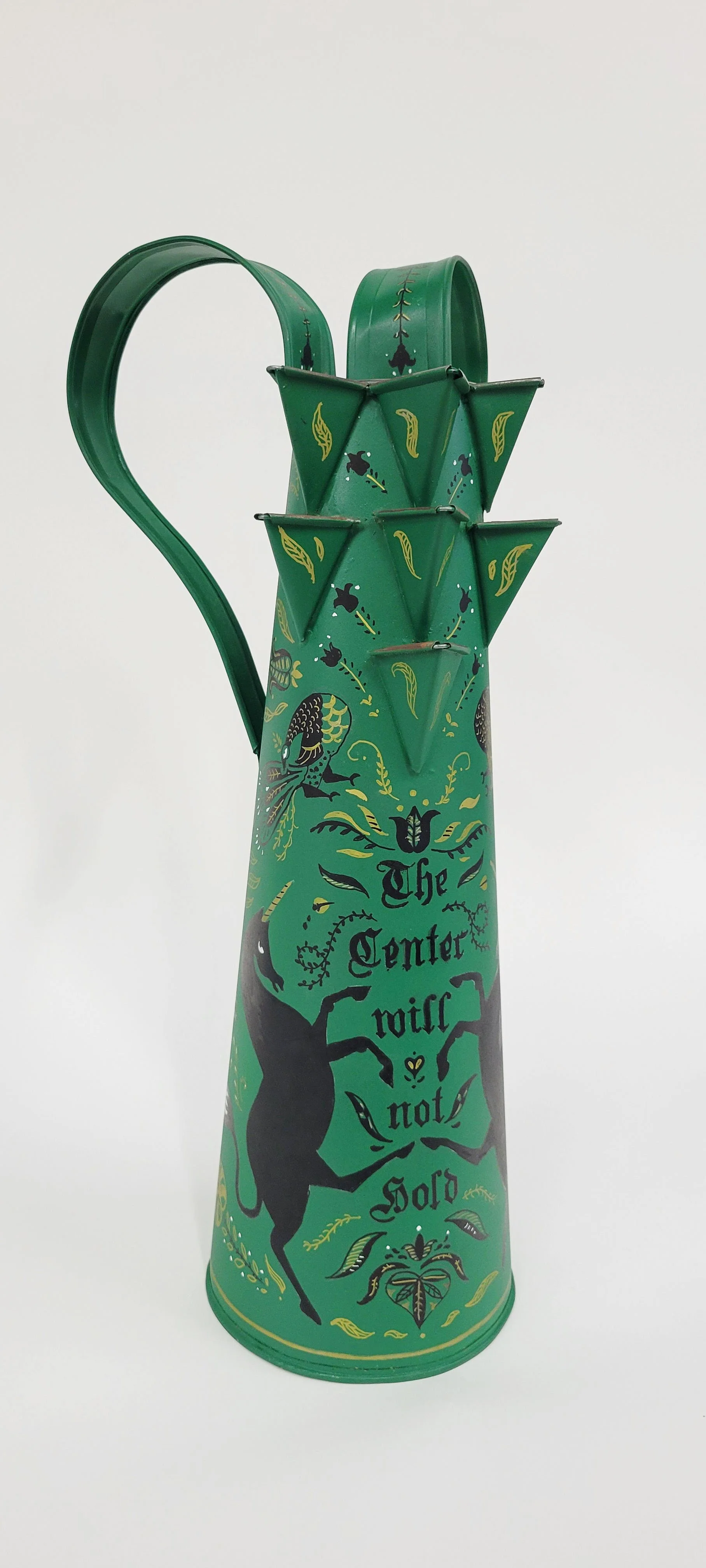 "The Center will not Hold" vessel side view, fabricated tin, paint, 20" x 9" x6", 2025