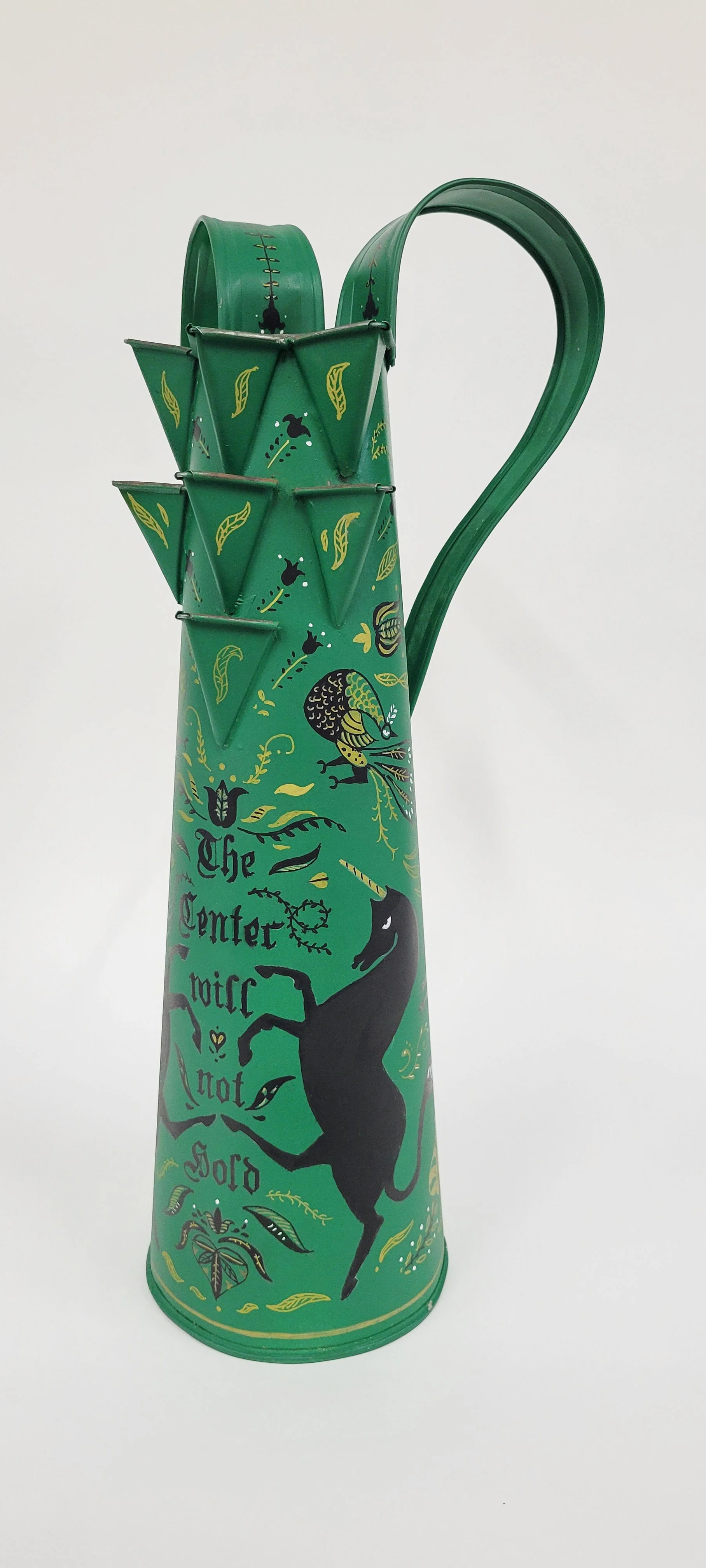 "The Center will not Hold" vessel, side view right, fabricated tin, paint, 20" x 9" x6", 2025