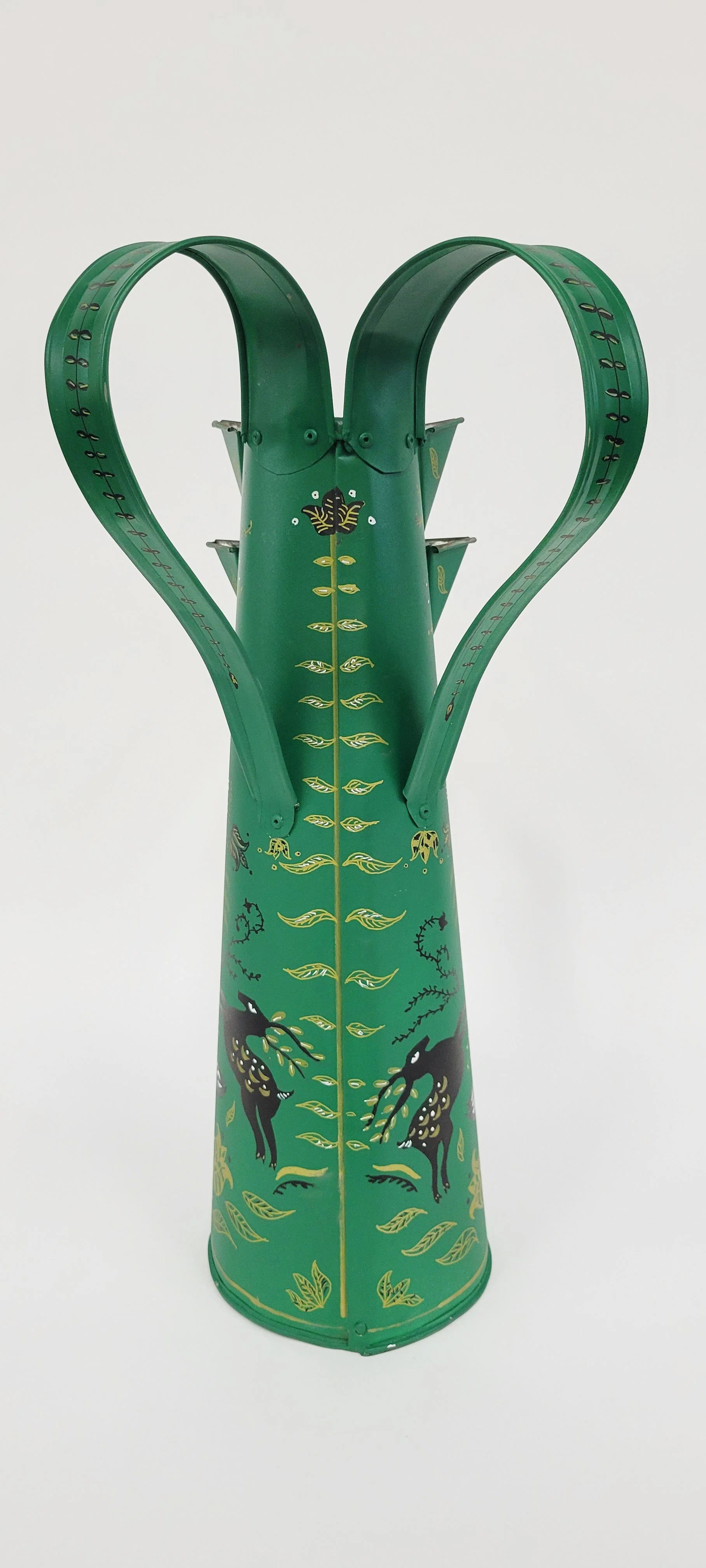 "The Center will not Hold" vessel, back view, fabricated tin, paint, 20" x 9" x6", 2025