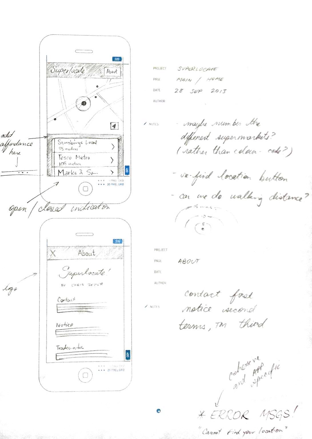 Sketch for main screen (top) and the About/credits screen (below)