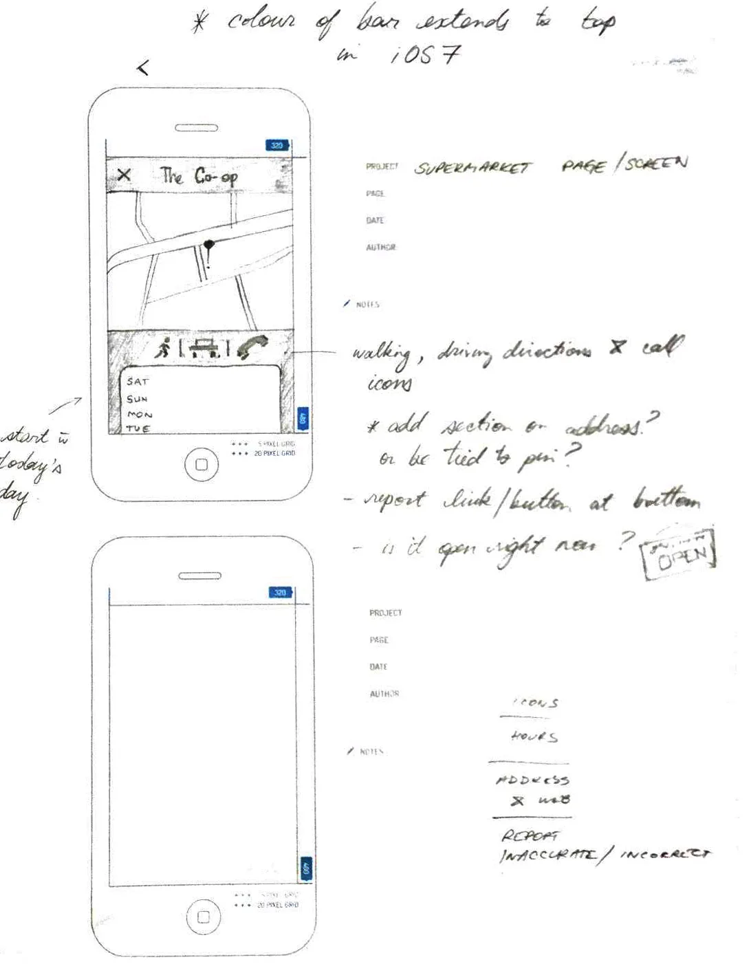 Sketch of supermarket screen (top) showing opening hours, walking and driving directions